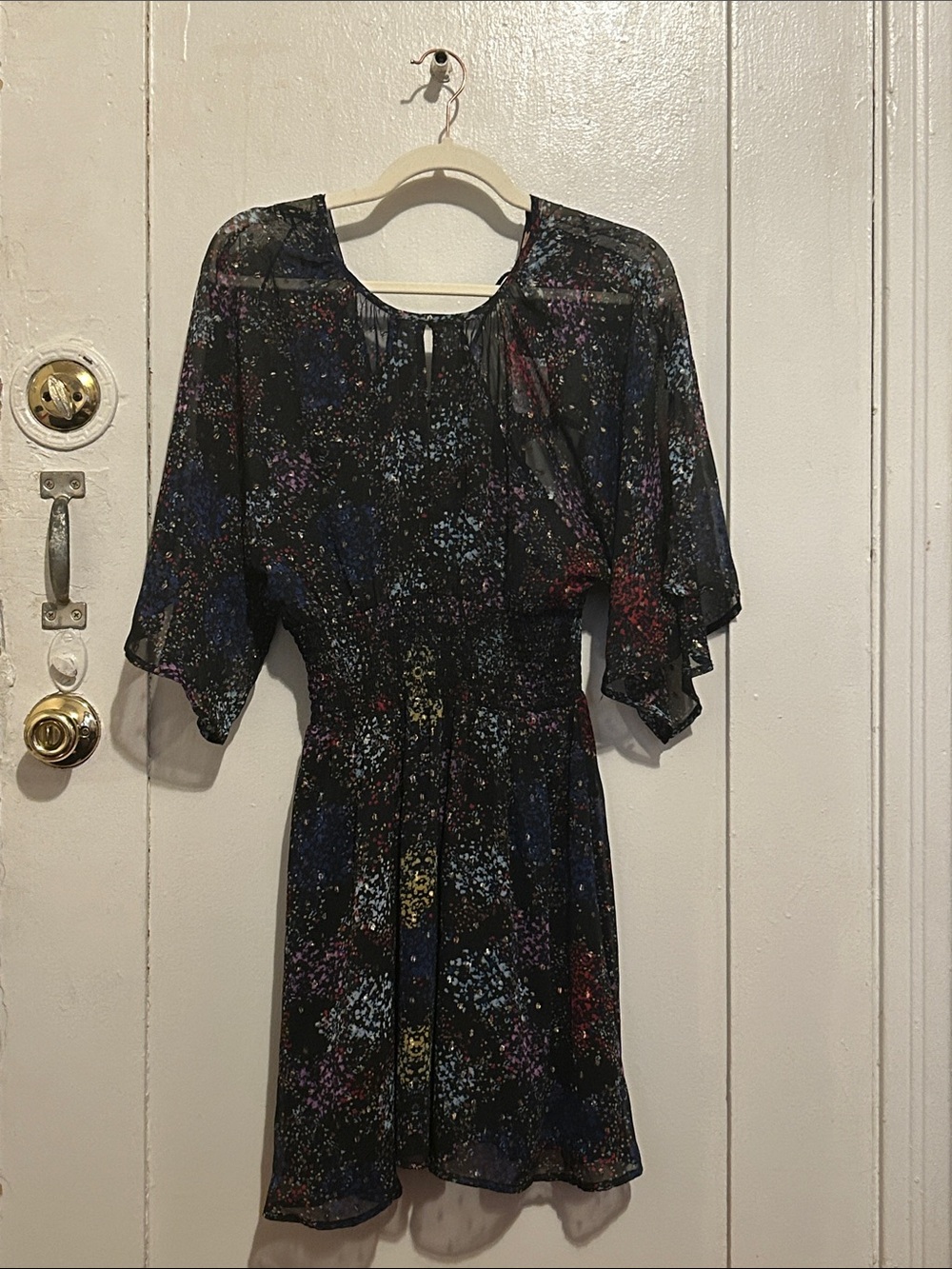 Free People Black Multi-Speckle Flutter Sleeve Mini Dress